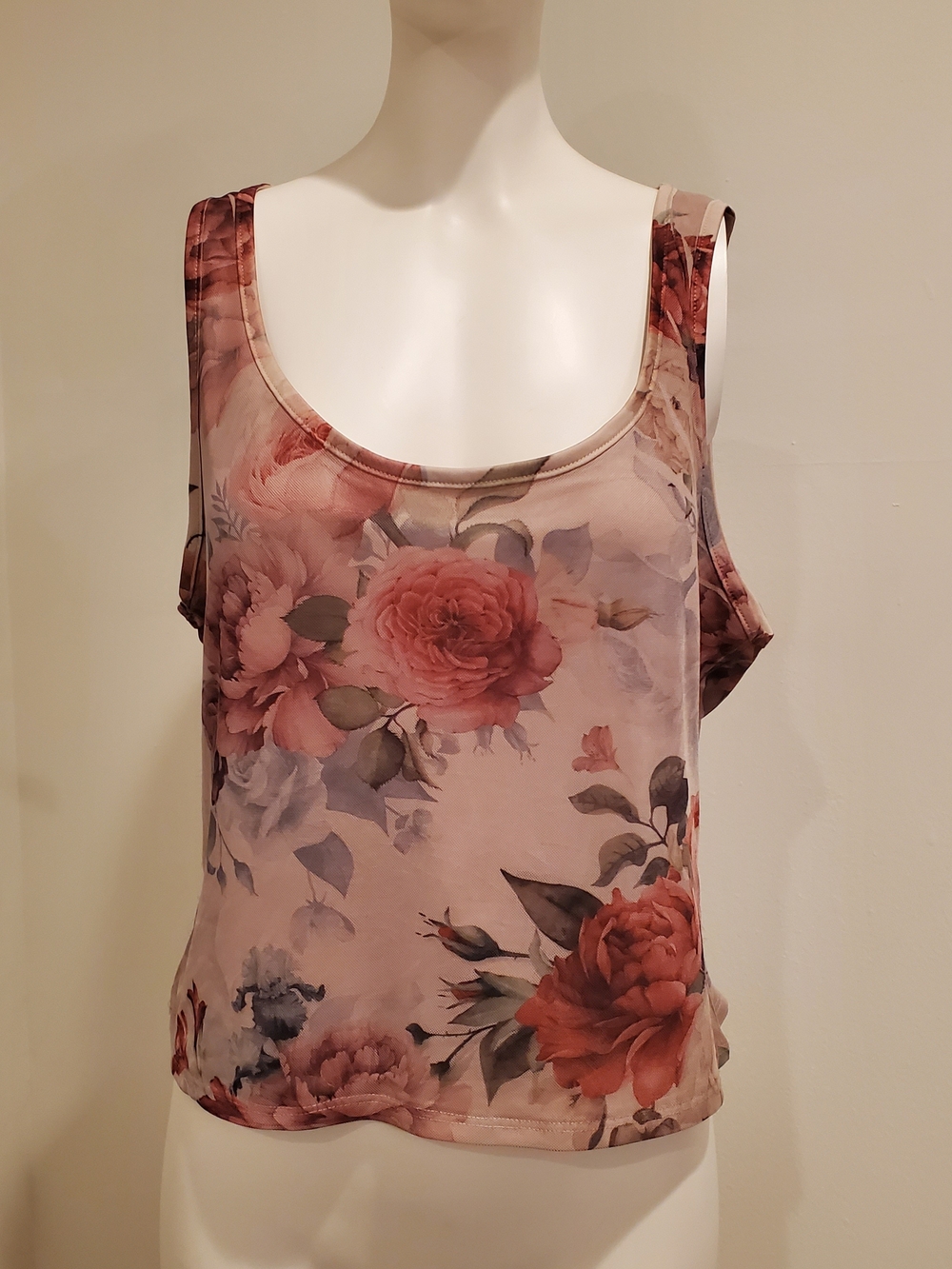 CHARLOTTE RUSSE Womens Size 1X Pink Floral Mesh Sleeveless Scoop Neck Tank Top